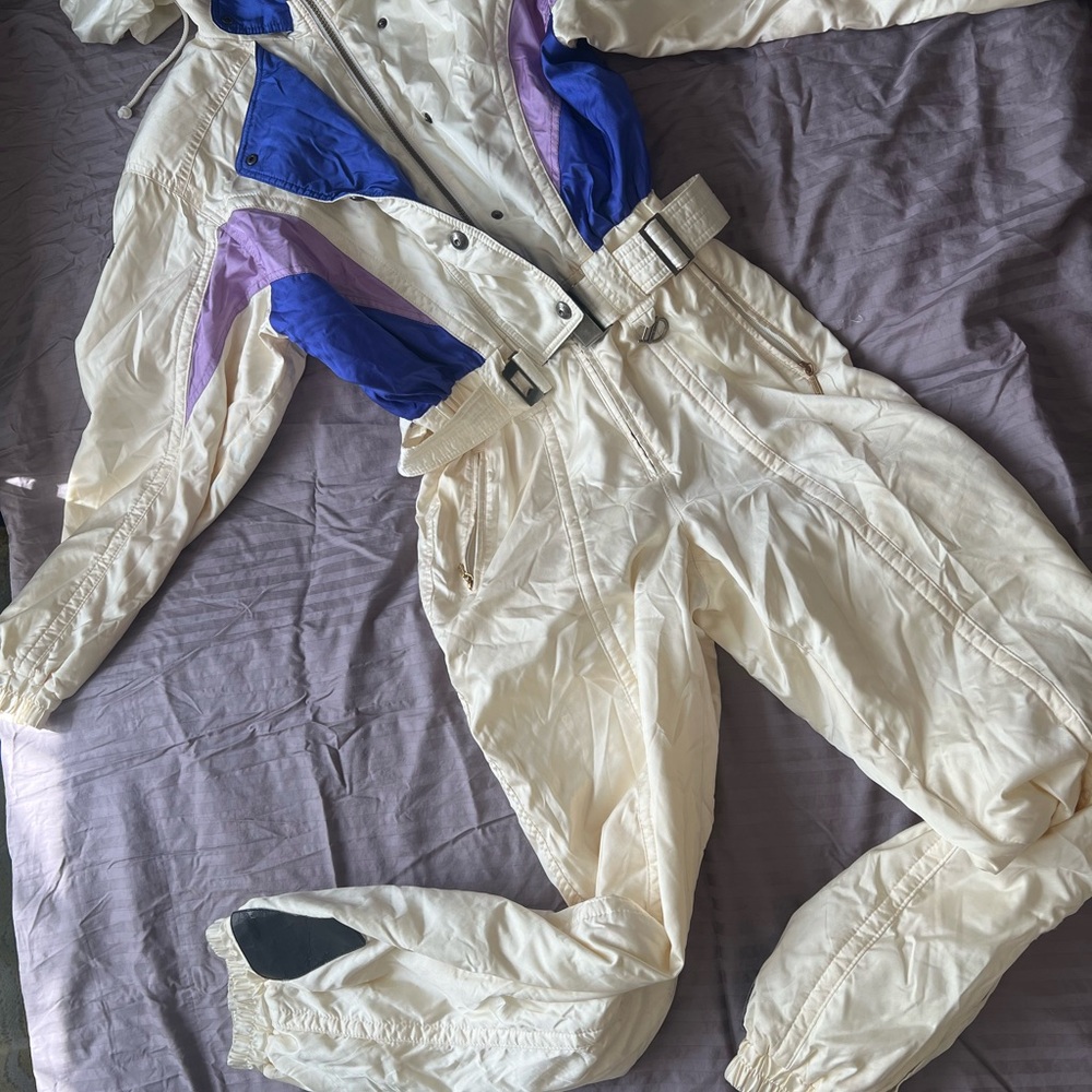 Cream One-Piece Ski Jumpsuit with Purple & Blue Accents